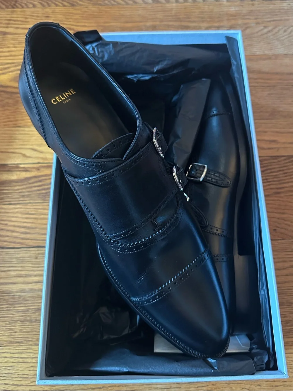 Celine Black Leather Double Monk Strap Oxfords